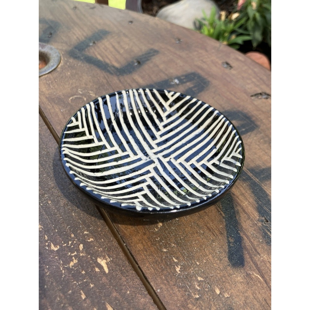 Vintage Studio Art Pottery Trinket Dish Black White Hand Painted 3.5" Signed
